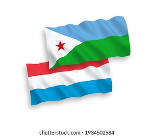 Banderas de olas de tela vectorial nacional de la República de Djibouti y Luxemburgo aisladas en fondo blanco. de 1 a 2.