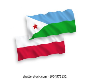 National vector fabric wave flags of Republic of Djibouti and Poland isolated on white background. 1 to 2 proportion.