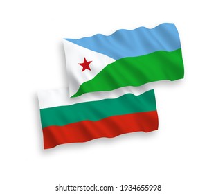 National vector fabric wave flags of Bulgaria and Republic of Djibouti isolated on white background. 1 to 2 proportion.