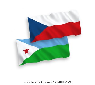 National vector fabric wave flags of Czech Republic and Republic of Djibouti isolated on white background. 1 to 2 proportion.