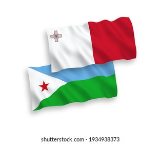 Banderas de olas de tela vectorial nacional de Malta y la República de Djibouti aisladas de fondo blanco. de 1 a 2.
