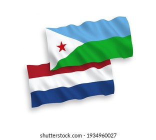 National vector fabric wave flags of Republic of Djibouti and Netherlands isolated on white background. 1 to 2 proportion.