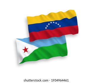 National vector fabric wave flags of Venezuela and Republic of Djibouti isolated on white background. 1 to 2 proportion.