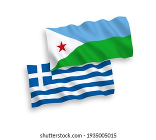 National vector fabric wave flags of Greece and Republic of Djibouti isolated on white background. 1 to 2 proportion.