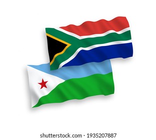 Banderas de olas de tela vectorial nacional de la República de Djibouti y la República de Sudáfrica aisladas en fondo blanco. de 1 a 2.