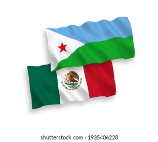 National vector fabric wave flags of Mexico and Republic of Djibouti isolated on white background. 1 to 2 proportion.