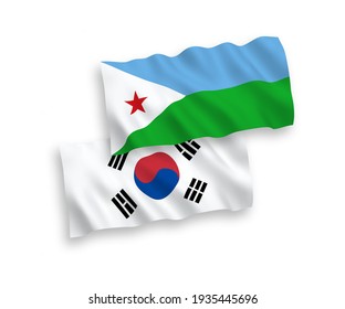 Nationale Vektor-Wellen-Flaggen von Südkorea und der Republik Dschibuti einzeln auf weißem Hintergrund. 1 bis 2 %.