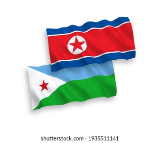 National vector fabric wave flags of North Korea and Republic of Djibouti isolated on white background. 1 to 2 proportion.