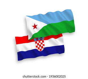 National vector fabric wave flags of Republic of Djibouti and Croatia isolated on white background. 1 to 2 proportion.
