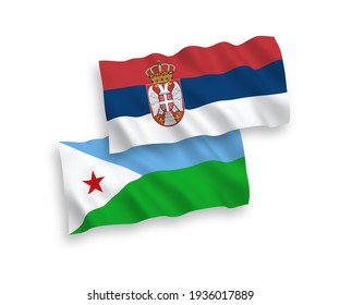 Banderas de olas de tela vectorial nacional de la República de Djibouti y Serbia aisladas en fondo blanco. de 1 a 2.