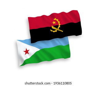 Banderas de olas de tela vectorial nacional de la República de Djibouti y Angola aisladas en fondo blanco. de 1 a 2.