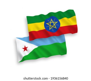 National vector fabric wave flags of Republic of Djibouti and Ethiopia isolated on white background. 1 to 2 proportion.