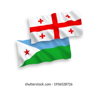 Banderas de olas de tela vectorial nacional de la República de Djibouti y Georgia aisladas en fondo blanco. de 1 a 2.