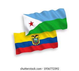 National vector fabric wave flags of Republic of Djibouti and Ecuador isolated on white background. 1 to 2 proportion.