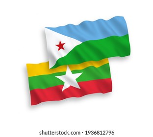 Nationale Vektor-Wellen-Flaggen der Republik Dschibuti und Myanmars einzeln auf weißem Hintergrund. 1 bis 2 %.