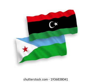 National vector fabric wave flags of Republic of Djibouti and Libya isolated on white background. 1 to 2 proportion.