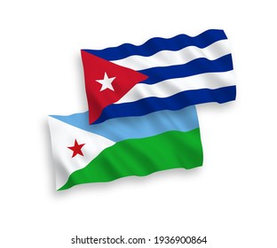 National vector fabric wave flags of Republic of Djibouti and Cuba isolated on white background. 1 to 2 proportion.