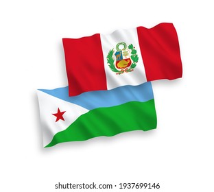 National vector fabric wave flags of Republic of Djibouti and Peru isolated on white background. 1 to 2 proportion.