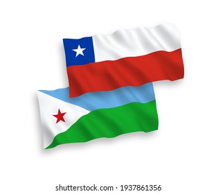 National vector fabric wave flags of Republic of Djibouti and Chile isolated on white background. 1 to 2 proportion.