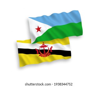 National vector fabric wave flags of Republic of Djibouti and Brunei isolated on white background. 1 to 2 proportion.