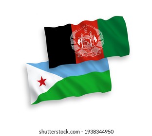 National vector fabric wave flags of Republic of Djibouti and Islamic Republic of Afghanistan isolated on white background. 1 to 2 proportion.