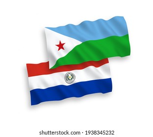 National vector fabric wave flags of Republic of Djibouti and Paraguay isolated on white background. 1 to 2 proportion.