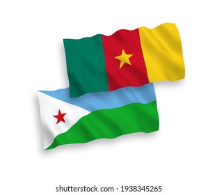 National vector fabric wave flags of Republic of Djibouti and Cameroon isolated on white background. 1 to 2 proportion.