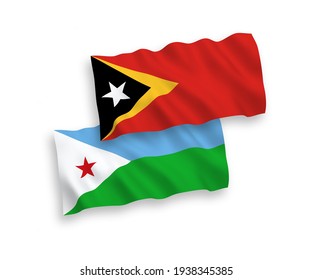 National vector fabric wave flags of Republic of Djibouti and East Timor isolated on white background. 1 to 2 proportion.