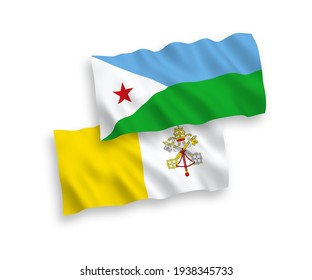 National vector fabric wave flags of Republic of Djibouti and Vatican isolated on white background. 1 to 2 proportion.