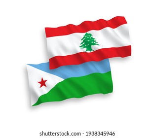 National vector fabric wave flags of Republic of Djibouti and Lebanon isolated on white background. 1 to 2 proportion.