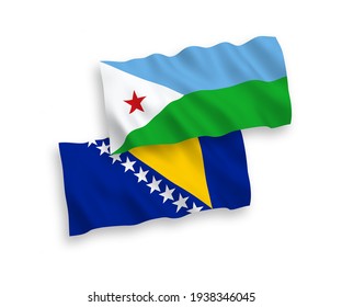 Nationale Vektor-Wellen-Flaggen der Republik Dschibuti und Bosnien und Herzegowina einzeln auf weißem Hintergrund. 1 bis 2 %.