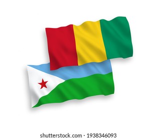 National vector fabric wave flags of Republic of Djibouti and Guinea isolated on white background. 1 to 2 proportion.