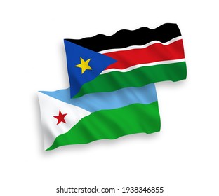 Nationale Vektor-Wellen-Flaggen der Republik Dschibuti und der Republik Südsudan einzeln auf weißem Hintergrund. 1 bis 2 %.
