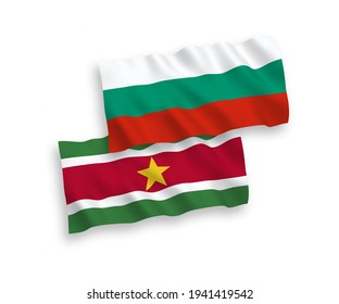 National vector fabric wave flags of Bulgaria and Republic of Suriname isolated on white background. 1 to 2 proportion.