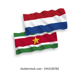 National vector fabric wave flags of Republic of Suriname and Netherlands isolated on white background. 1 to 2 proportion.