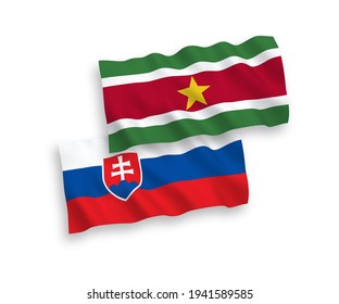 National vector fabric wave flags of Slovakia and Republic of Suriname isolated on white background. 1 to 2 proportion.