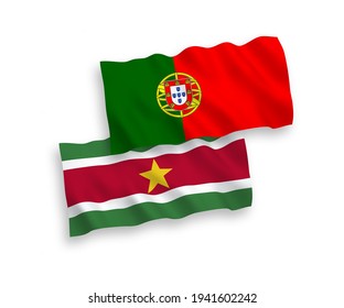 National vector fabric wave flags of Portugal and Republic of Suriname isolated on white background. 1 to 2 proportion.