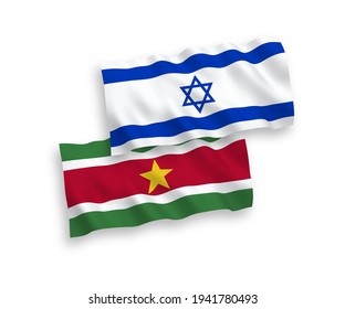 National vector fabric wave flags of Republic of Suriname and Israel isolated on white background. 1 to 2 proportion.