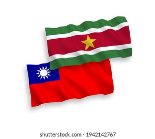 National vector fabric wave flags of Republic of Suriname and Taiwan isolated on white background. 1 to 2 proportion.