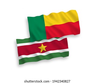 National vector fabric wave flags of Republic of Suriname and Benin isolated on white background. 1 to 2 proportion.
