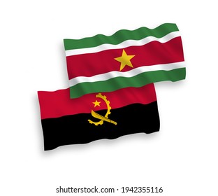National vector fabric wave flags of Republic of Suriname and Angola isolated on white background. 1 to 2 proportion.