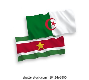 National vector fabric wave flags of Republic of Suriname and Algeria isolated on white background. 1 to 2 proportion.