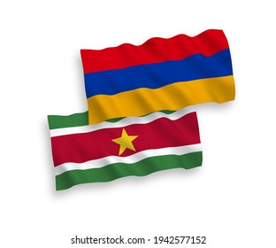 National vector fabric wave flags of Republic of Suriname and Armenia isolated on white background. 1 to 2 proportion.