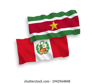 National vector fabric wave flags of Republic of Suriname and Peru isolated on white background. 1 to 2 proportion.