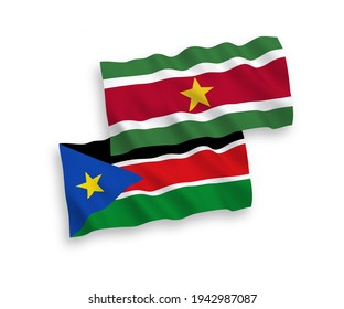 National vector fabric wave flags of Republic of Suriname and Republic of South Sudan isolated on white background. 1 to 2 proportion.