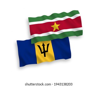 National vector fabric wave flags of Republic of Suriname and Barbados isolated on white background. 1 to 2 proportion.