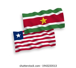National vector fabric wave flags of Republic of Suriname and Liberia isolated on white background. 1 to 2 proportion.