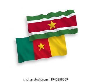 National vector fabric wave flags of Republic of Suriname and Cameroon isolated on white background. 1 to 2 proportion.