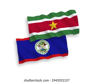 National vector fabric wave flags of Republic of Suriname and Belize isolated on white background. 1 to 2 proportion.