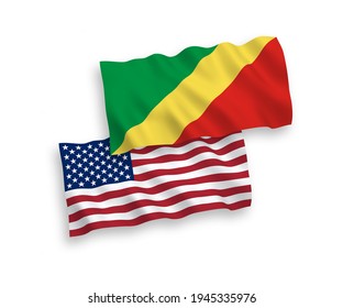 National vector fabric wave flags of Republic of the Congo and USA isolated on white background. 1 to 2 proportion.